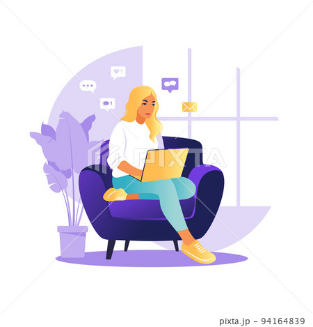 Woman sitting table with laptop and phone. Working on a computer. Freelance, online education or social media concept. Studying concept. Flat style. 94164839