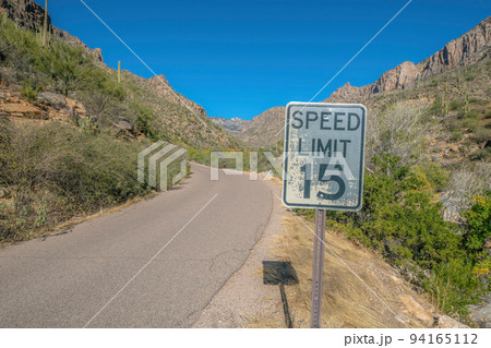 Speed limit 15 sign post at Sabino Canyon State Park- Tucson, AZ Speed limit 15 sign post at Sabino Canyon State Park- Tucson, AZ 94165112