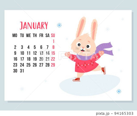 January 2023 calendar. Cute winter bunny in knitted clothes is skating. rabbit is symbol 2023 year to Chinese zodiac. Vector illustration. horizontal Template. Week from Monday In English. January 2023 calendar. Cute winter bunny in knitted clothes is skating. rabbit is symbol 2023 year to Chinese zodiac. Vector illustration. horizontal Template. Week from Monday In English. 94165303