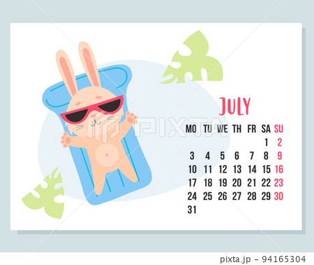 July 2023 calendar. Cute bunny on vacation in sunglasses floats on rubber waterproof mattress. Vector illustration. horizontal Template. Week from Monday In English. rabbit is symbol 2023 year. July 2023 calendar. Cute bunny on vacation in sunglasses floats on rubber waterproof mattress. Vector illustration. horizontal Template. Week from Monday In English. rabbit is symbol 2023 year. 94165304