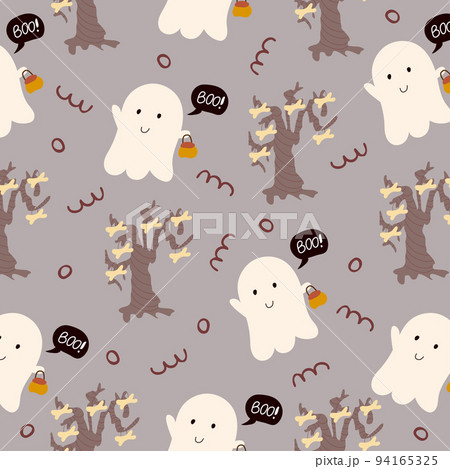 Seamless pattern for Halloween holiday with cute cartoon ghost and bones. Childish background for fabric, wrapping paper, textile, wallpaper. Vector Illustration 94165325