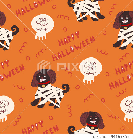 Seamless pattern for Halloween holiday with cute cartoon mummy dog and happy halloween lettering. Childish background for fabric, wrapping paper, textile, wallpaper. Vector Illustration 94165355