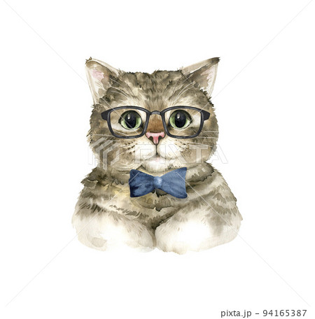 Portrait of a cute, funny cat with glasses on a white background. watercolor illustration. Portrait of a cute, funny cat with glasses on a white background. watercolor illustration. 94165387