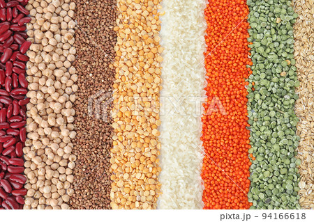 Different types of legumes and cereals as background, top view. Organic grains 94166618
