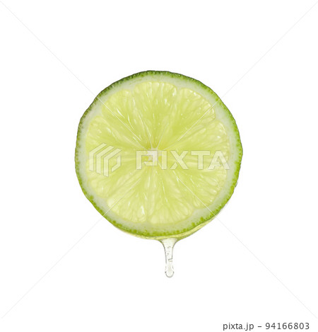 Slice of lime with dripping essential oil isolated on white Slice of lime with dripping essential oil isolated on white 94166803