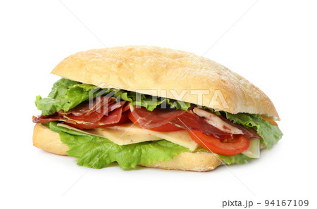 Delicious sandwich with fresh vegetables and prosciutto isolated on white 94167109