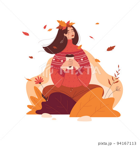 Happy girl in a warm sweater drinking coffee or tea and enjoying the autumn nature. Happy girl in a warm sweater drinking coffee or tea and enjoying the autumn nature. 94167113