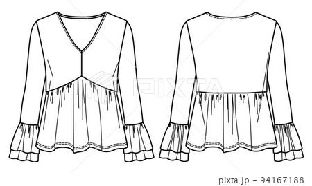 Vector woman blouse technical drawing, v neck long sleeved top fashion CAD, template, sketch 94167188