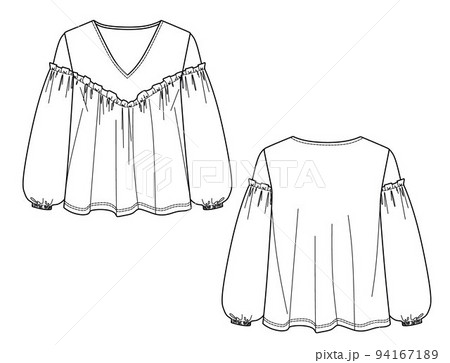 Vector long sleeved blouse technical drawing, balloon sleeved woman top fashion CAD, template, sketch 94167189