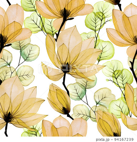 watercolor seamless pattern with transparent magnolia flowers and eucalyptus leaves. flowers and leaves of autumn colors, yellow, orange. delicate, vintage print for fabric, wallpaper. 94167239