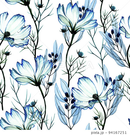 watercolor drawing by hands. seamless pattern with eucalyptus leaves and cosmos, chamomile flowers. transparent drawing of blue leaves and wildflowers on a white background. print for fabric watercolor drawing by hands. seamless pattern with eucalyptus leaves and cosmos, chamomile flowers. transparent drawing of blue leaves and wildflowers on a white background. print for fabric 94167251