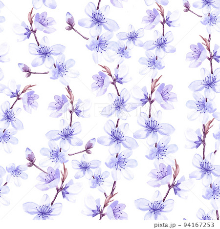 seamless pattern. Sakura flowers drawing watercolor blue color on a white background. blooming cherry design for textiles, ceramics, fabrics, wallpapers, wrappers. seamless pattern. Sakura flowers drawing watercolor blue color on a white background. blooming cherry design for textiles, ceramics, fabrics, wallpapers, wrappers. 94167253