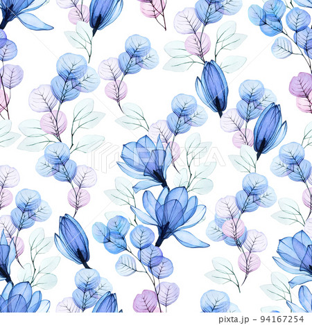 seamless watercolor pattern with transparent blue flowers on a white background. magnolia flowers, eucalyptus leaves x-ray. vintage background with pastel blue, pink, purple colors seamless watercolor pattern with transparent blue flowers on a white background. magnolia flowers, eucalyptus leaves x-ray. vintage background with pastel blue, pink, purple colors 94167254