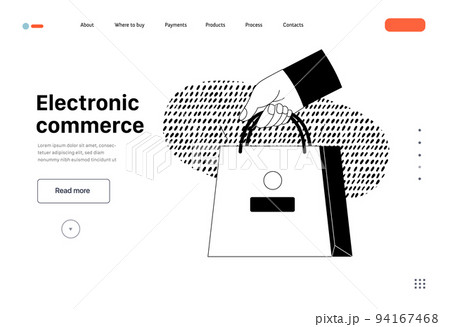 Electronic commerce -Online shopping and electronic commerce web template -modern flat vector concept illustration of a hand holding shopping bag. Promotion, discounts, sale and online orders concept Electronic commerce -Online shopping and electronic commerce web template -modern flat vector concept illustration of a hand holding shopping bag. Promotion, discounts, sale and online orders concept 94167468