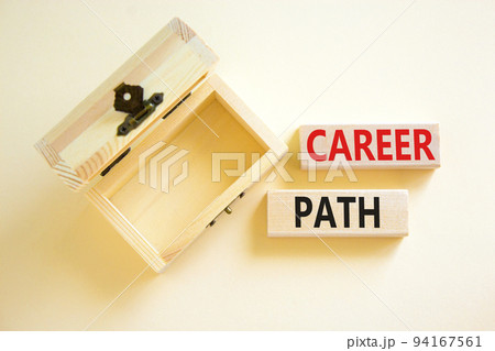Career path symbol. Concept words Career path on wooden blocks on a beautiful white table white background. Empty wooden chest. Business Career path concept. Copy space. Career path symbol. Concept words Career path on wooden blocks on a beautiful white table white background. Empty wooden chest. Business Career path concept. Copy space. 94167561