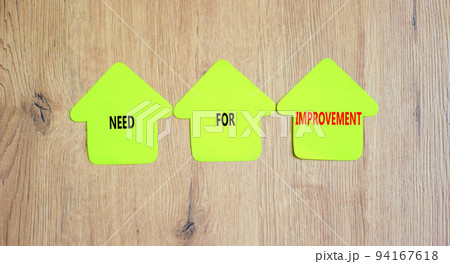 Need for improvement and support symbol. Concept words Need for improvement on green paper on clothespins. Beautiful wooden background. Business and need for improvement quote concept. Copy space. 94167618