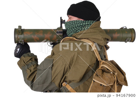 Private Military Contractor firing RPG (rocket propelled grenade) - soviet bazooka type grenade launcher. Private Military Contractor firing RPG (rocket propelled grenade) - soviet bazooka type grenade launcher. 94167900