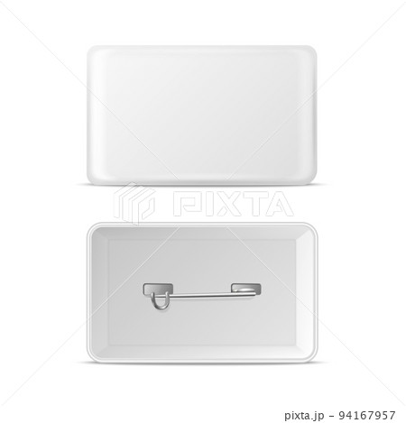 Vector 3d Realistic Rectangular White Metal, Plastic Blank Empty Button Badge Icon Isolated. Button Pin Badge. Glossy Brooch Pin. Front View - Front and Back Side. Template for Branding, Mock-up 94167957