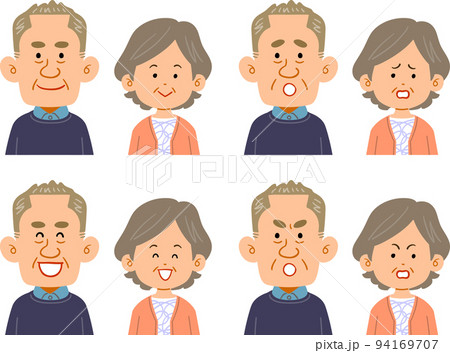 面長の男性と女性のシニア夫婦の表情のセット 94169707