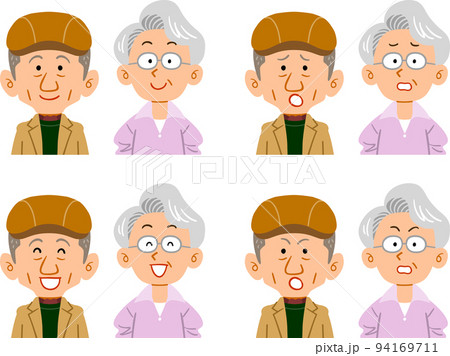 ハンチングを被った男性と眼鏡をかけた女性のシニア夫婦の表情のセット 94169711