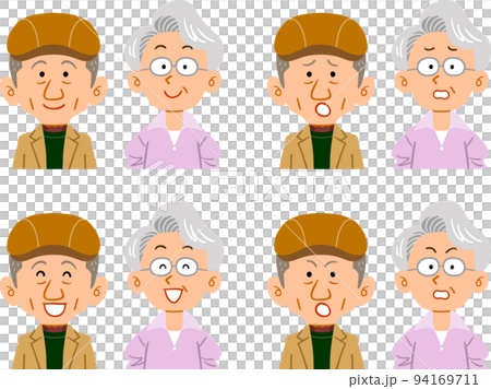 ハンチングを被った男性と眼鏡をかけた女性のシニア夫婦の表情のセット 94169711