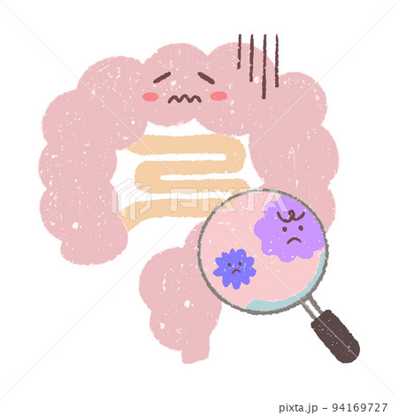 手描きの腸内と拡大鏡で見る悪玉菌 94169727