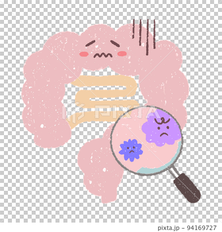 手描きの腸内と拡大鏡で見る悪玉菌 94169727