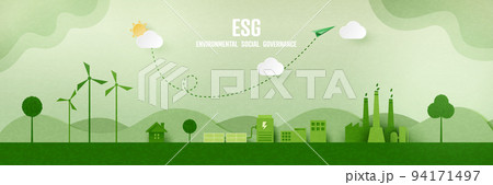 ESG as environmental social and governance concept.Green ecology and alternative renewable energy.Paper art Vector illustration. ESG as environmental social and governance concept.Green ecology and alternative renewable energy.Paper art Vector illustration. 94171497