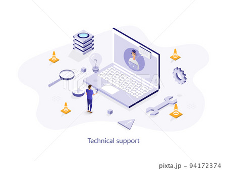 Technical support isometric landing page template. Call center worker having chat with client online. Cartoon customer helpline consultations. Hotline maintenance operator webpage design layout 94172374
