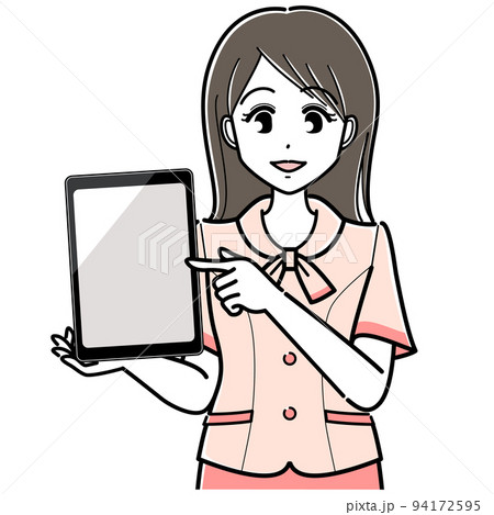 指差ししてタブレットを見せるオーバーブラウスの女性（シンプル・上半身・タブレット縦） 94172595