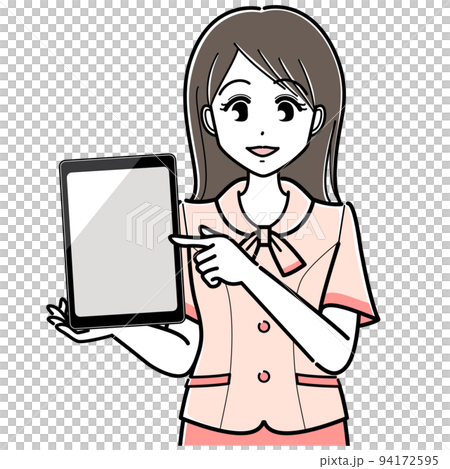 指差ししてタブレットを見せるオーバーブラウスの女性（シンプル・上半身・タブレット縦） 94172595