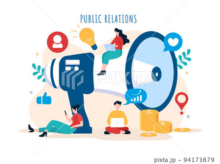 Public Relations Template Hand Drawn Cartoon Flat Illustration with Team for Idea of Marketing Campaign Through Mass Media to Advertise your Business 94173679