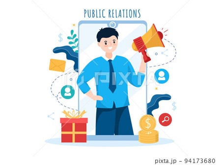 Public Relations Template Hand Drawn Cartoon Flat Illustration with Team for Idea of Marketing Campaign Through Mass Media to Advertise your Business 94173680