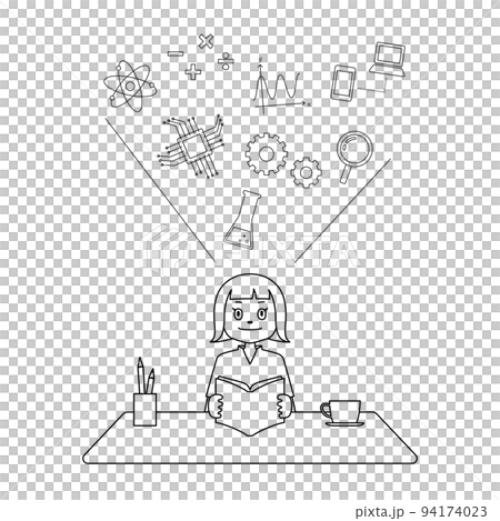 Illustration of a child learning science and mathematics (white background, vector, line drawing, clipping) 94174023