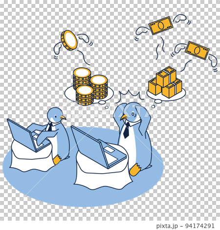 一隻擔心錢，甚至在工作中也擔心的企鵝 94174291