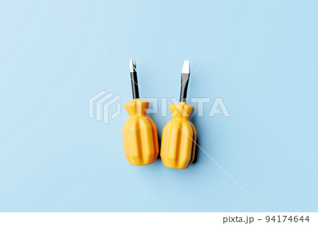 3D illustration of a yellow  screwdrivers in cartoon style on a monochrome  isolated background. Hand carpentry tool for DIY shop. 94174644