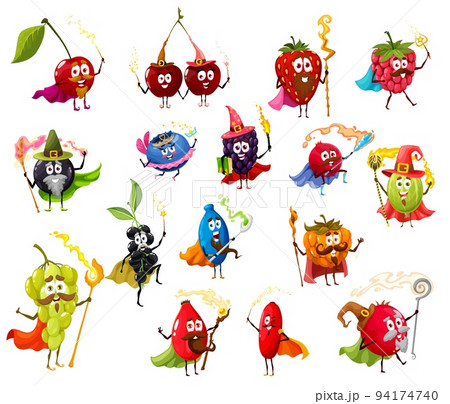 Garden berry fruits funny wizard, magician and witch characters, vector cartoon peronages. Strawberry, blueberry, cherry twins wizards, grape and raspberry sorcerer with currant witch 94174740