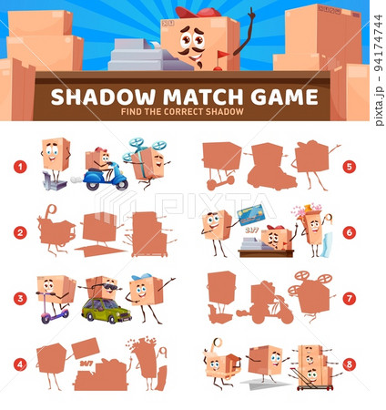 Shadow match game. Cartoon package box characters on kids game, shadow compare quiz or preschool children vector riddle. Intelligence playing activity with delivery service parcel box personages Shadow match game. Cartoon package box characters on kids game, shadow compare quiz or preschool children vector riddle. Intelligence playing activity with delivery service parcel box personages 94174744