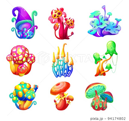 Magic fairy cartoon mushrooms. Vector fantasy forest or alien world planet plants, game ui nature asset. Fantastic neon fungi or fairytale mushrooms set with glowing caps, slime, holes and tentacles 94174802