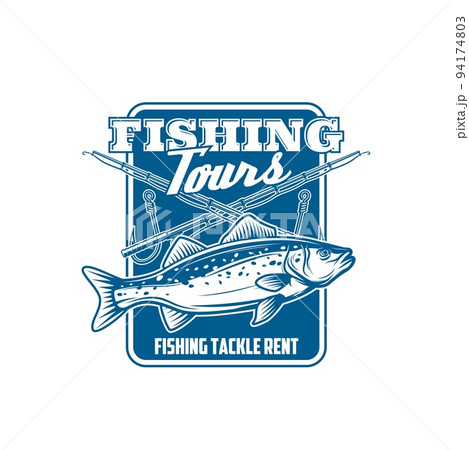 Fishing tours icon with rods and hooks for fish catch or fisherman club, vector badge. Fishing and angling tackles rent or baits and lures shop symbol with mackerel or perch fish with spinning rods 94174803