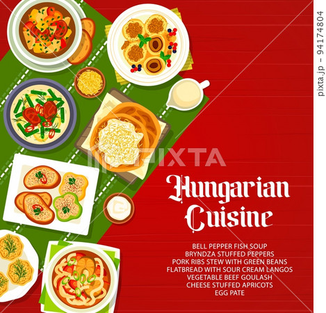 Hungarian cuisine meals menu cover. Vegetable beef goulash, cheese stuffed apricots and Langos flatbread with sour cream, bryndza stuffed peppers, egg pate and bell pepper fish soup, pork ribs stew 94174804