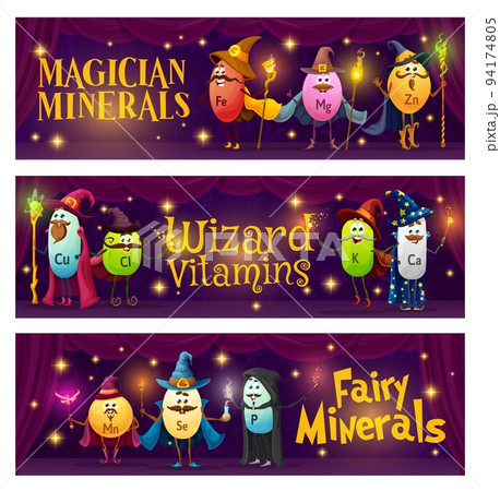 Cartoon vitamins and micronutrients wizards and mages characters, vector banners. Funny vitamins and mineral nutrients, selenium or potassium pill with magic wands, calcium and magnesium in wizard hat 94174805