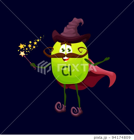 Cartoon chlorium micronutrient warlock character. Isolated vector Cl funny food supplement. Nutrient or element bubble mage, green capsule personage wear witch hat, cape making spell with wand Cartoon chlorium micronutrient warlock character. Isolated vector Cl funny food supplement. Nutrient or element bubble mage, green capsule personage wear witch hat, cape making spell with wand 94174809