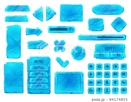 Ice crystal buttons, cartoon interface. UI game and GUI elements, vector frozen snow blocks. Crystal ice buttons, frames and arrows for game menu navigation and control, options and settings 94174855