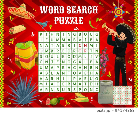 Word search puzzle vector game worksheet of mexican mariachi, food, pinata, clothes and plants. Kids quiz game grid or riddle with sombrero, burrito and chili pepper on mexican pattern background 94174868
