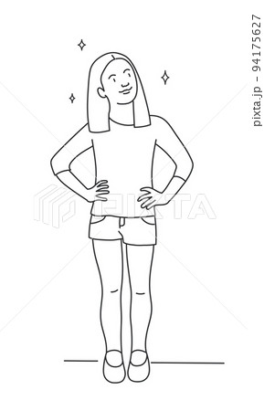 Confident girl with hands on her hips looks forward. 94175627