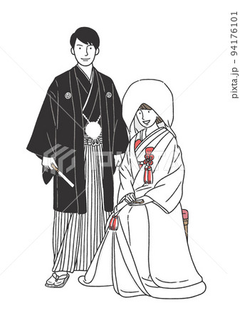 結婚をする男女の線画イラストa 和装結婚式 和装ウェディングのイラスト素材
