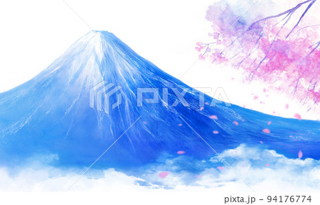 青色の富士山と桜吹雪の風景イラスト 94176774