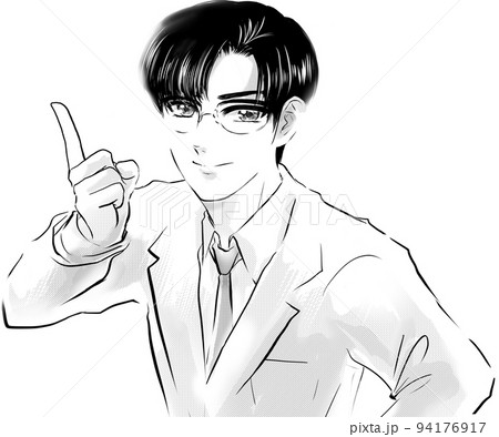 イケメン黒髪メガネ先生が指差し決めポーズする白黒漫画イラストと吹き出し 94176917