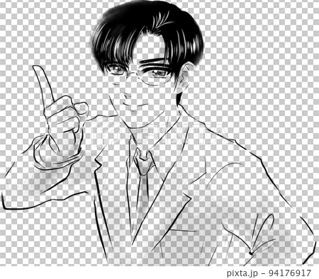 イケメン黒髪メガネ先生が指差し決めポーズする白黒漫画イラストと吹き出し 94176917